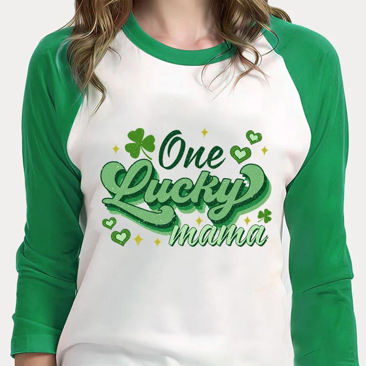 St Patrick's Day Shirts, Shamrock Shirt, One Lucky Mama 3ST-26 3/4 Sleeve Raglan