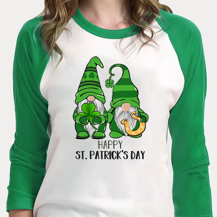 Happy St Patrick's Day Shirts, Shamrock Gnomes 3ST-314 3/4 Sleeve Raglan