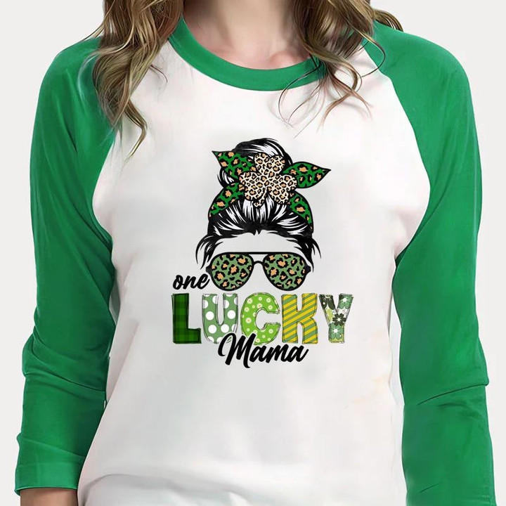 Happy St Patrick's Day Shirts, Mama Shamrock Shirt, One Lucky Mama 3ST-25 3/4 Sleeve Raglan