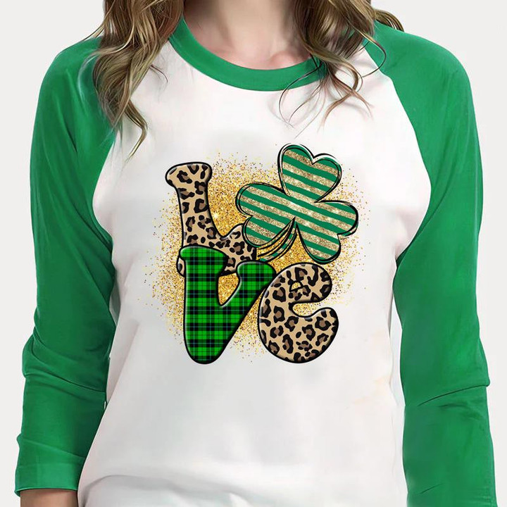 St Patrick's Day Shirts, Shamrock Shirt, Leopard Love St Patricks Day 3ST-04 3/4 Sleeve Raglan