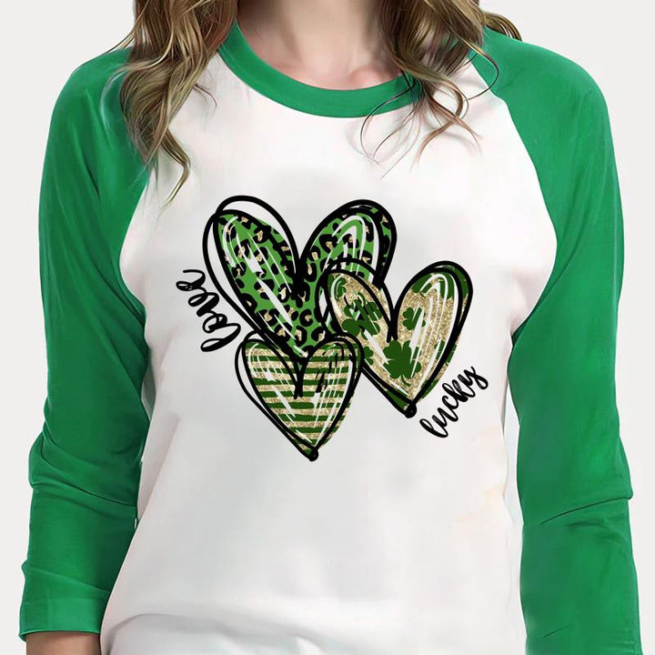 Happy St Patrick's Day Shirts, Irish Shirt, Leopard Love Lucky Heart 3ST-43 3/4 Sleeve Raglan
