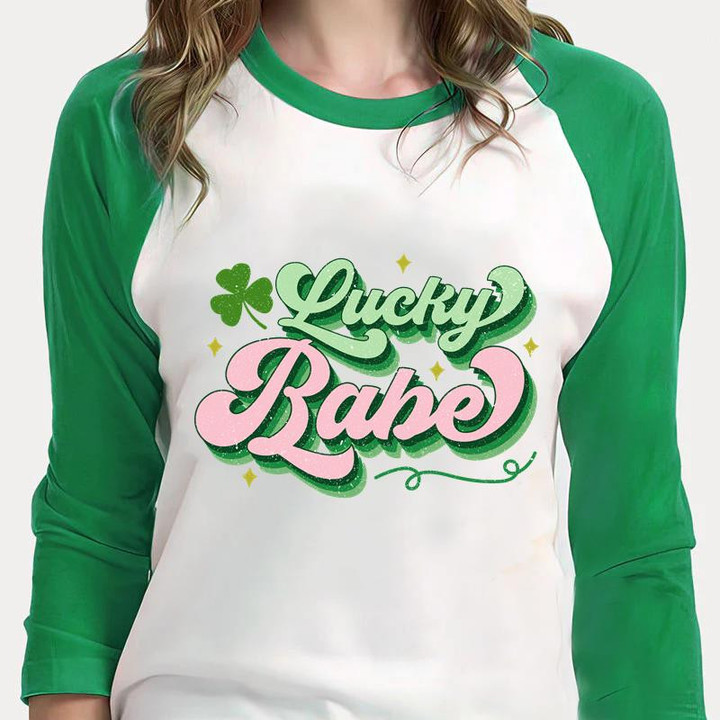 Happy St Patrick's Day Shirts, Shamrock Lucky Shirt, Lucky Babe 3ST-20 3/4 Sleeve Raglan