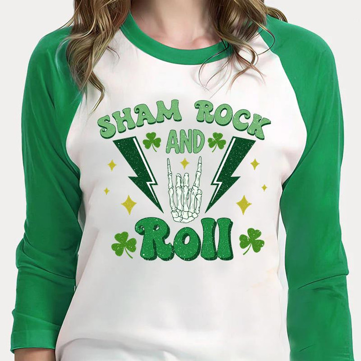Funny St Patrick's Day Shirts, Shamrock Shirt, Shamrock And Roll 3ST-24 3/4 Sleeve Raglan