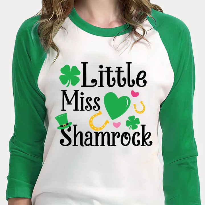 Cute St Patrick's Day Shirts, Irish Shirt, Little Miss Shamrock 3ST- 318 3/4 Sleeve Raglan