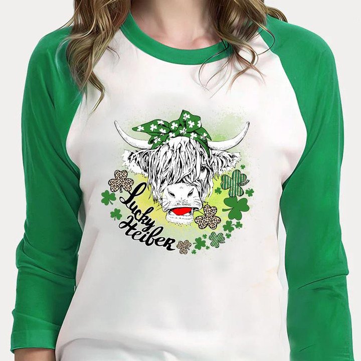 Lucky Heifer St Patrick's Day Shirts, Shamrock Shirt, Cute Heifer Irish 3ST-36 3/4 Sleeve Raglan