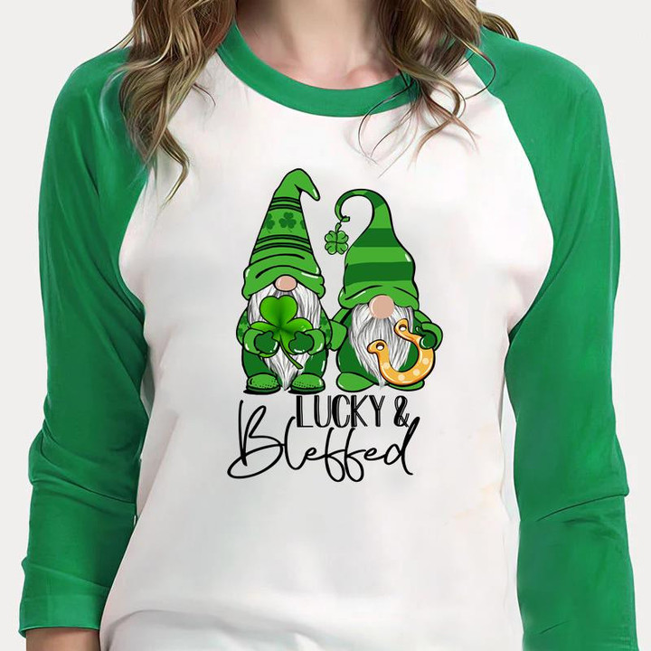 Gnomes St Patrick's Day Shirts, Gnome Shamrock Shirt, Lucky And Blessed 3ST-308 3/4 Sleeve Raglan