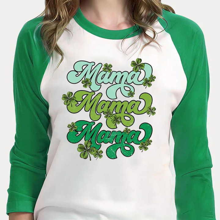 St Patrick's Day Shirts, Mama Shamrock Shirt, Mama Four Leaf Clover 3ST-32 3/4 Sleeve Raglan