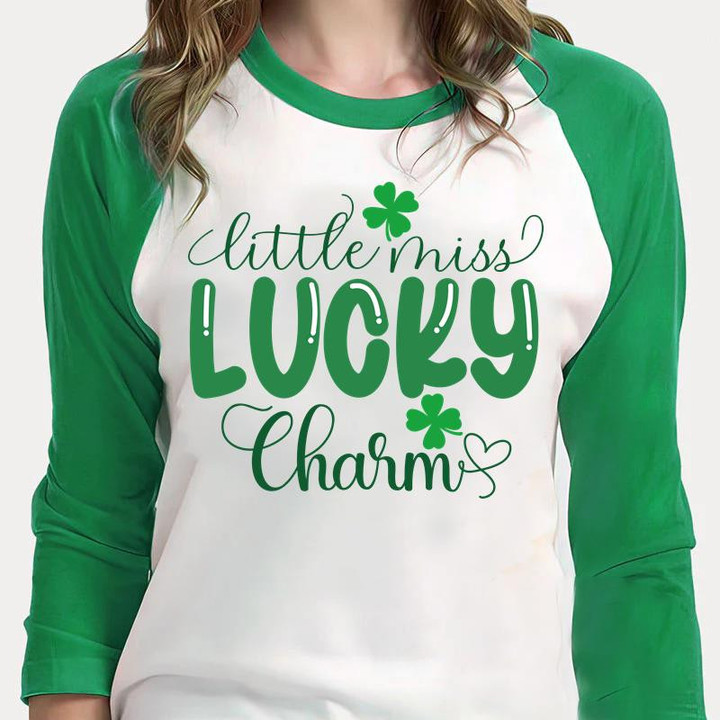 St Patrick's Day Shirts, Shamrock Shirt, Little Miss Lucky Charm 3ST-08 3/4 Sleeve Raglan