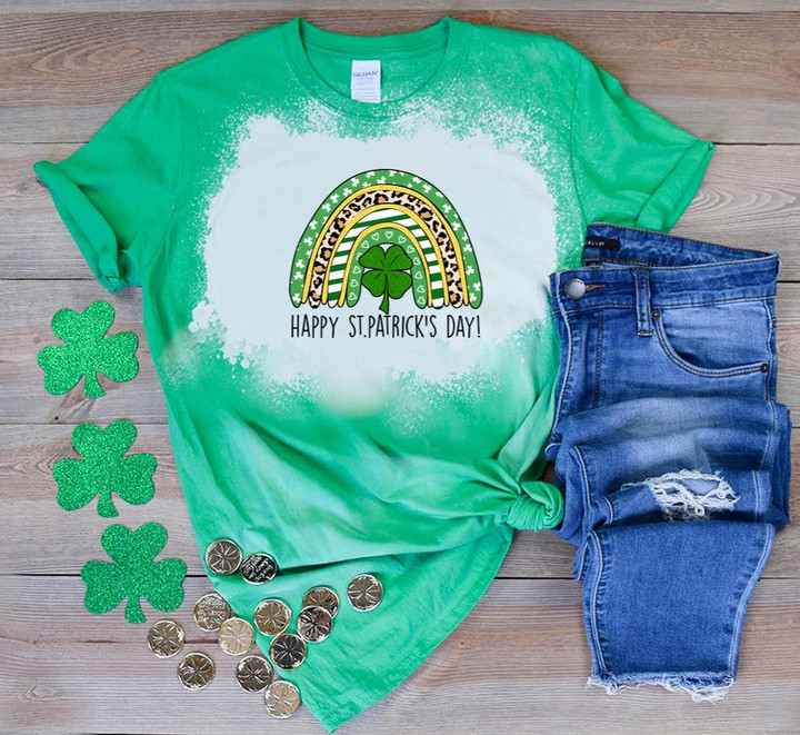 Happy St Patrick's Day Shirt, Shamrock Rainbow St Patrick's Day T-Shirt 3ST-02 Bleach Shirt