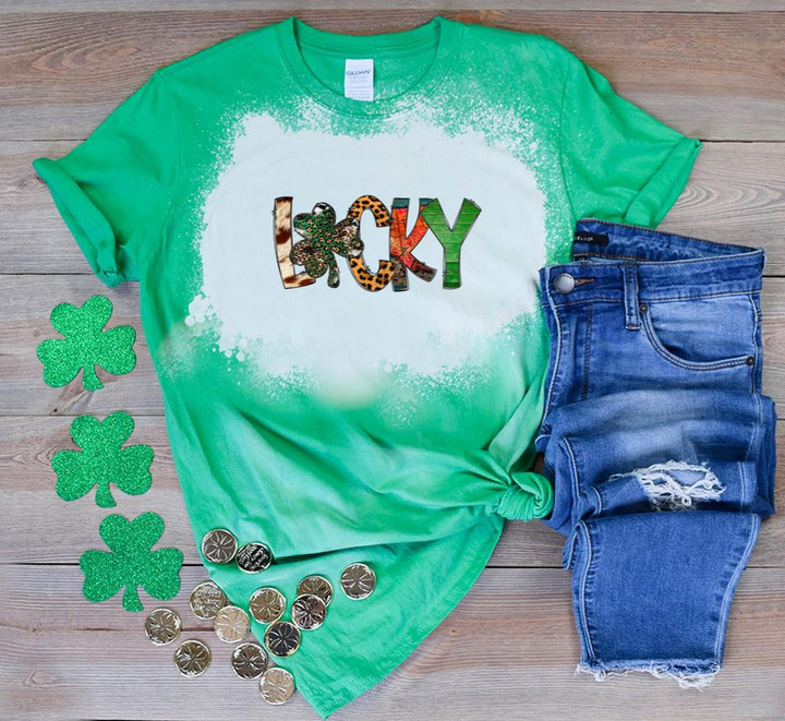 Vintage St Patrick's Day Shirts, Shamrock Lucky Shirt, Leopard Lucky 3ST-70 Bleach Shirt