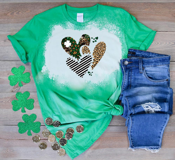 St Patrick's Day Shirts, Shamrock Lucky Shirt, Leopard Heart 3ST-69 Bleach Shirt