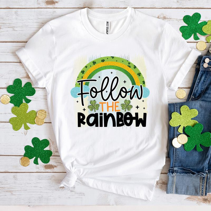 St Patrick's Day Shirts, Leopard Shamrock Shirt, Follow To The Rainbow 4ST-3537 T-Shirt