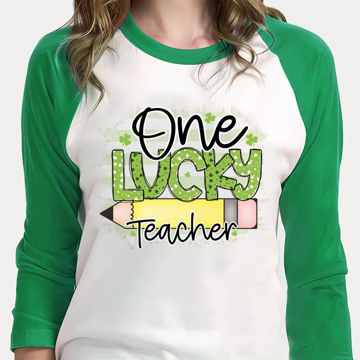 St Patrick's Day Shirts, Leopard Shamrock Shirt, One Lucky Teacher 4ST-3521 3/4 Sleeve Raglan
