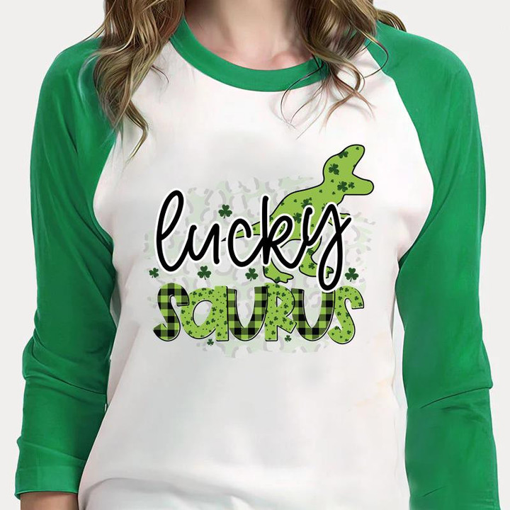 Funny St Patrick's Day Shirts, Irish Shirt, Lucky Saurus 4ST-3529 3/4 Sleeve Raglan