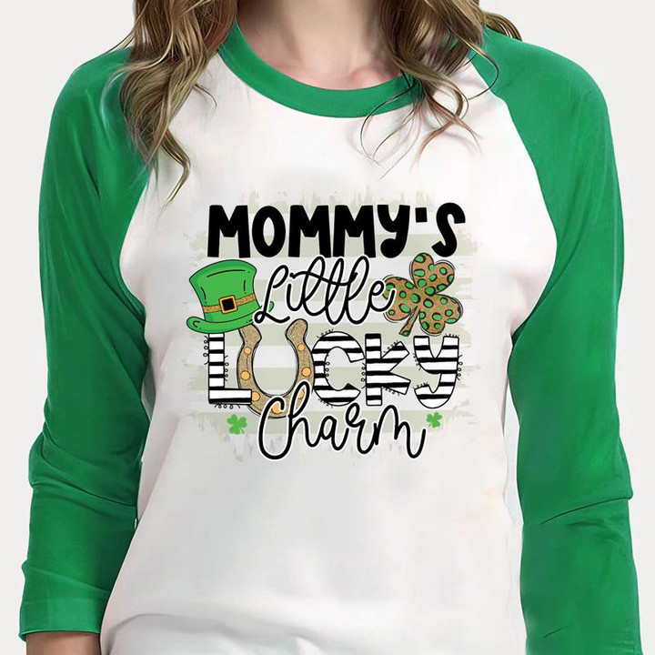 St Patrick's Day Shirts, Lucky Mommy Shirt, Leopard Shamrock Shirt, Little Lucky Charm 4ST-3320 3/4 Sleeve Raglan