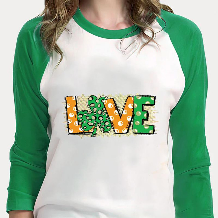 St Patrick's Day Shirts, Leopard Shamrock Shirt, Love Shamrock 4ST-3498 3/4 Sleeve Raglan