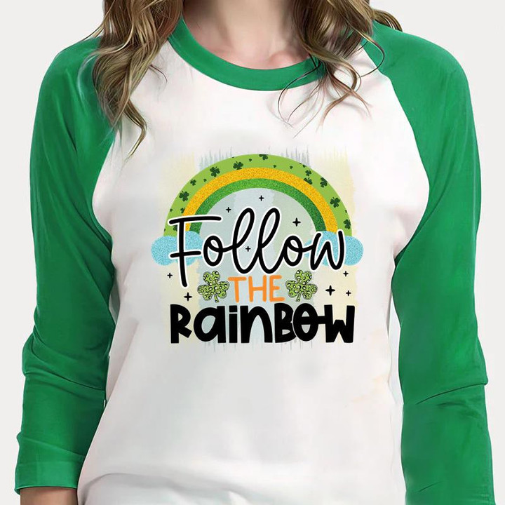 St Patrick's Day Shirts, Leopard Shamrock Shirt, Follow To The Rainbow 4ST-3537 3/4 Sleeve Raglan