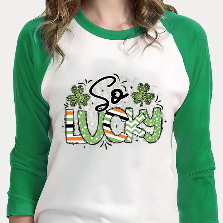 St Patrick's Day Shirts, Leopard Shamrock Shirt, So Lucky 4ST-3526 3/4 Sleeve Raglan