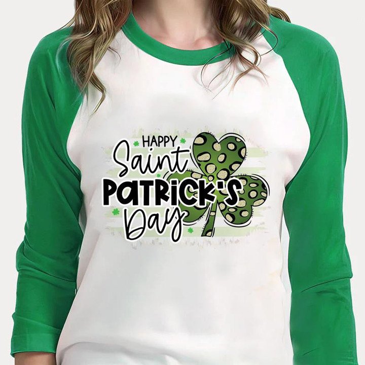 Happy Saint Patrick's Day Shirts, Leopard Shamrock 4ST-3494 3/4 Sleeve Raglan