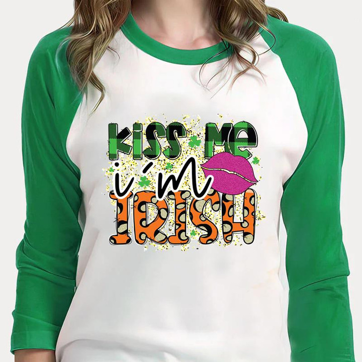 St Patrick's Day Shirts, Leopard Irish Shirt, Kiss Me I'm Irish 4ST-3510 3/4 Sleeve Raglan