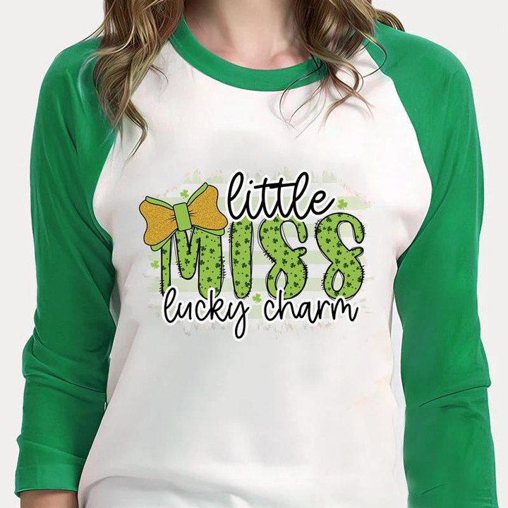 Cute St Patrick's Day Shirts, Shamrock Shirt, Little Miss Lucky Charm 4ST-3506 3/4 Sleeve Raglan