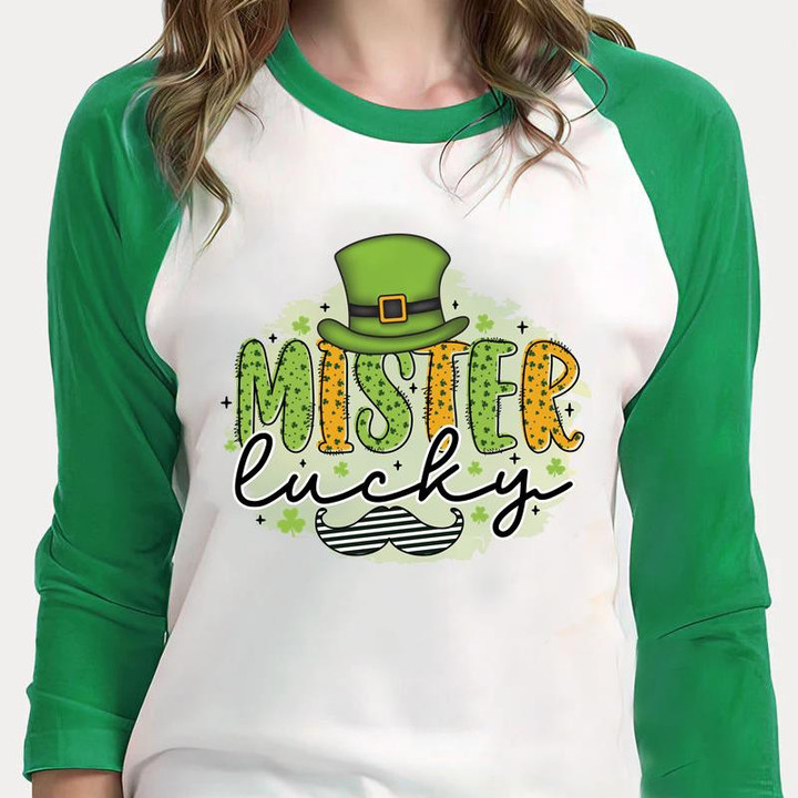 Funny St Patrick's Day Shirts, Irish Shirt, Mister Lucky 4ST-3525 3/4 Sleeve Raglan