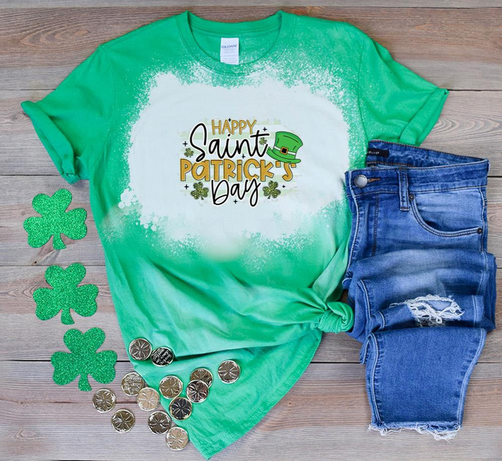 Happy Saint Patrick's Day Shirts, Irish Shirt, Leopard Shamrock 4ST-3495 Bleach Shirt