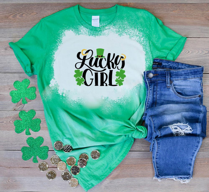 Happy St Patrick's Day Shirts Shamrock Irish, Lucky Girl 5SP-55 Bleach Shirt