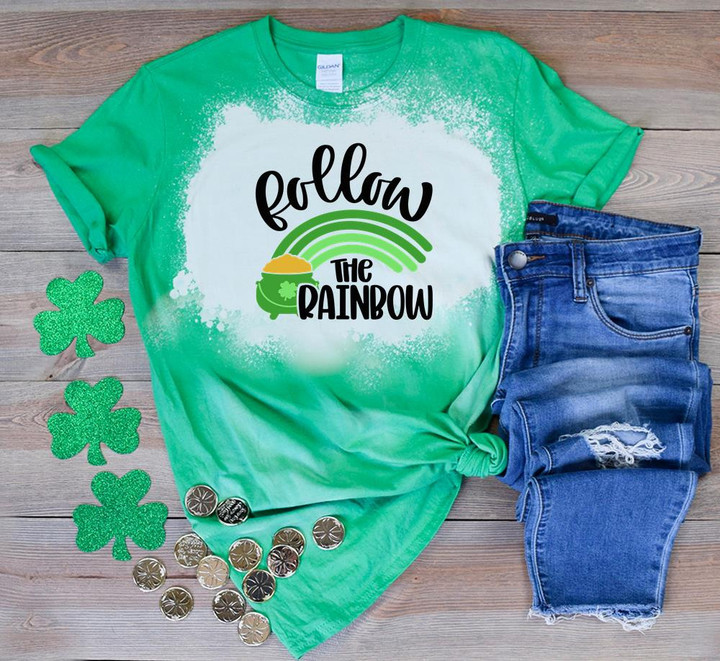 St Patrick's Day Shirts, Follow The Rainbow 5SP-13 Bleach Shirt
