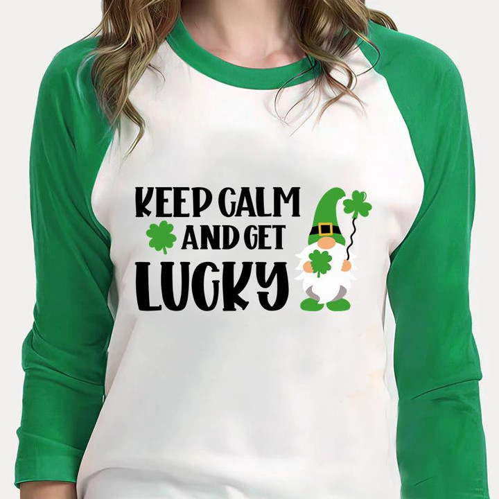 St Patrick's Day Gnome Shirts, Keep Calm And Get Lucky 5SP-36 3/4 Sleeve Raglan