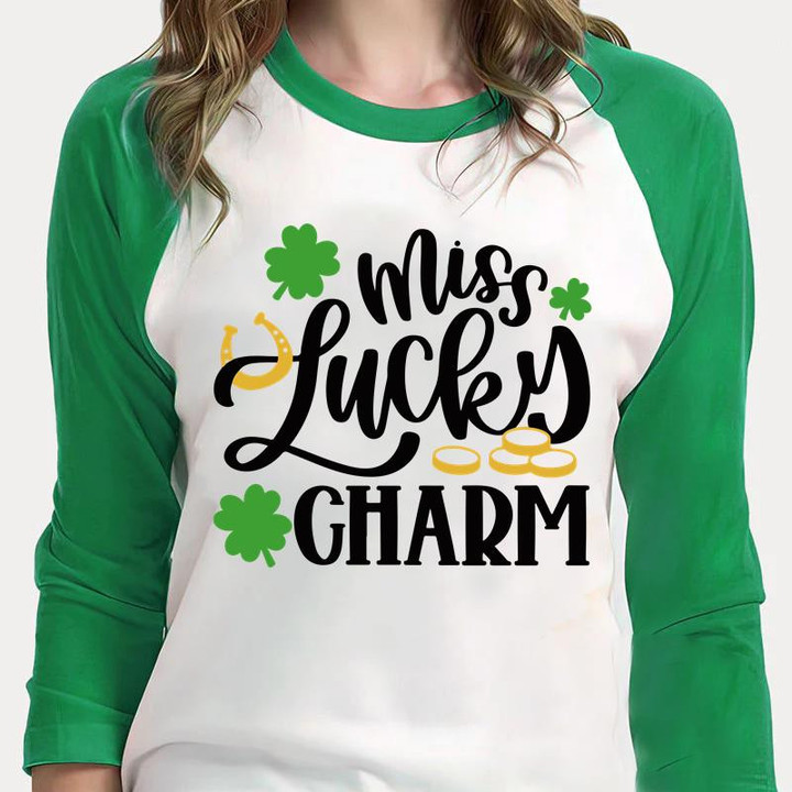 Happy St Patrick's Day Shirts Shamrock Irish, Miss Lucky Charm 5SP-77 3/4 Sleeve Raglan