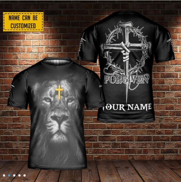 Customized Forgiven lion Jesus T-Shirt, Christ Cross Shirt Christian Gift, Christian Jesus 3D T-Shirt For Men Women