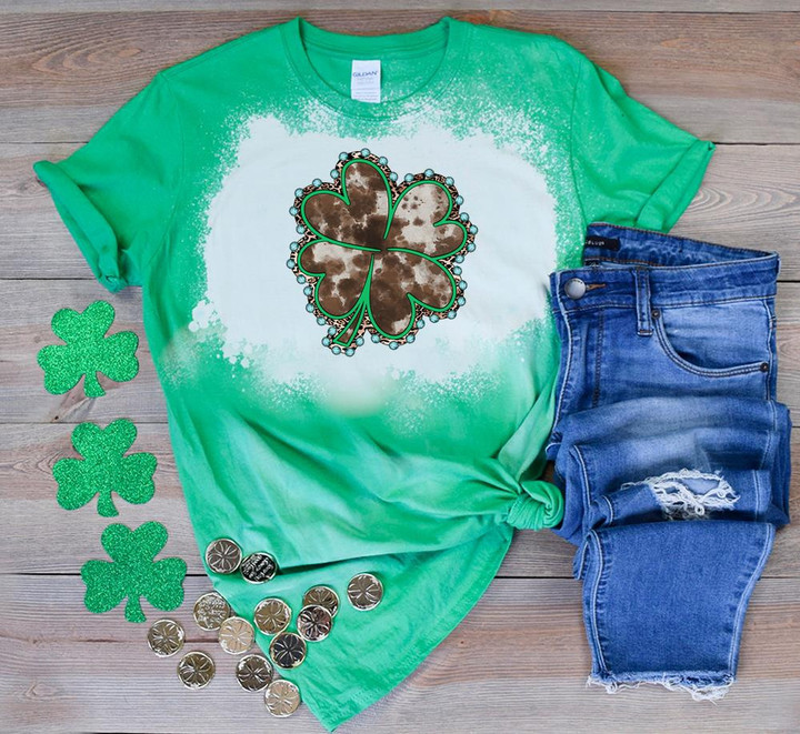 St Patrick's Day Shirts, Irish Shirt, Lucky Cow Hide Shamrock 6SP-42 Bleach Shirt