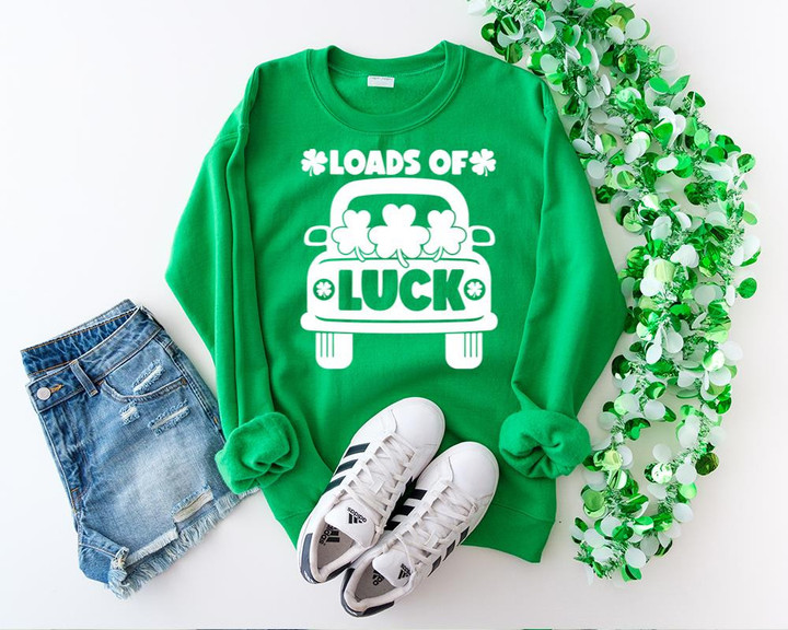 St Patrick's Day Shirts, Loads Of Luck Shirt, St Patricks Shamrock Truck 1STW 18 Long Sleeve