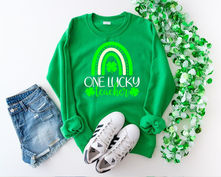 St Patrick's Day Shirts, Shamrock Teacher Shirt, One Lucky Teacher 1STW 88 Long Sleeve