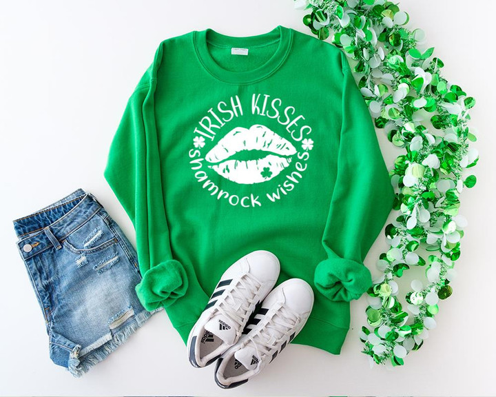St Patrick's Day Shirts, Irish Kisses And Shamrock Wishes, Shamrock Kiss 1STW 37 Long Sleeve