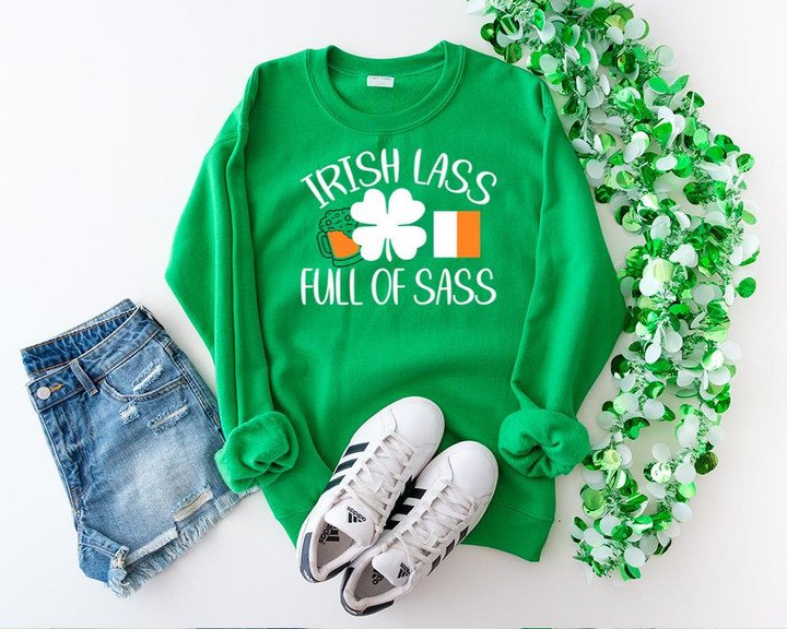 St Patrick's Day Shirts, Irish Lass Full Of Sass Ireland Flag 1STW 49 Long Sleeve