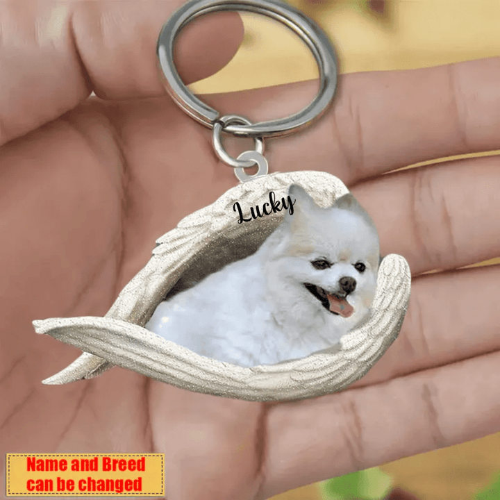 Personalized Pomeranian Angel 2D Keychain In The Wings Acrylic 2D Keychain Memorial Dog Gifts