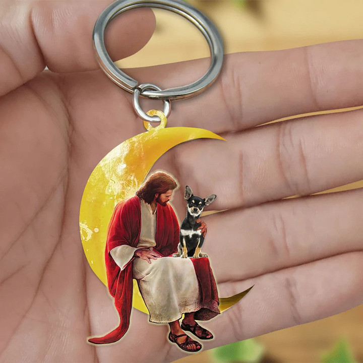 Chihuahua With Jesus 2D Keychain Sitting On The Moon Acrylic 2D Keychain