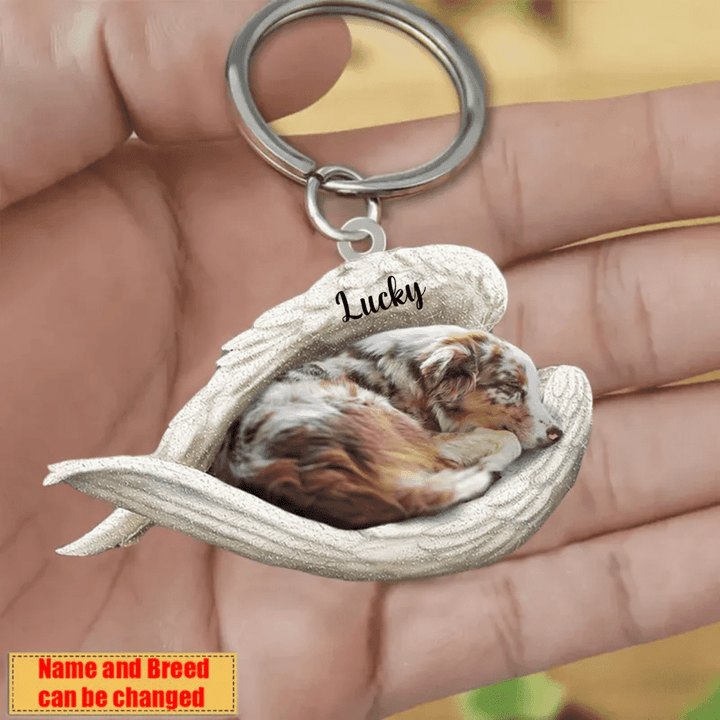 Personalized Australian Shepherd Angel 2D Keychain In The Wings Acrylic 2D Keychain Memorial Dog Gifts