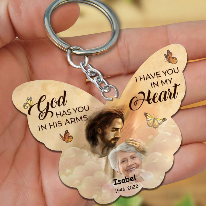 I Have You In My Heart Personalized Butterfly 2D Keychain, God has you in his arm 2D Keychain