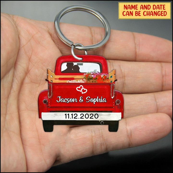 Personalized Couple Red Truck Acrylic 2D Keychain for Boyfriend and Girlfriend