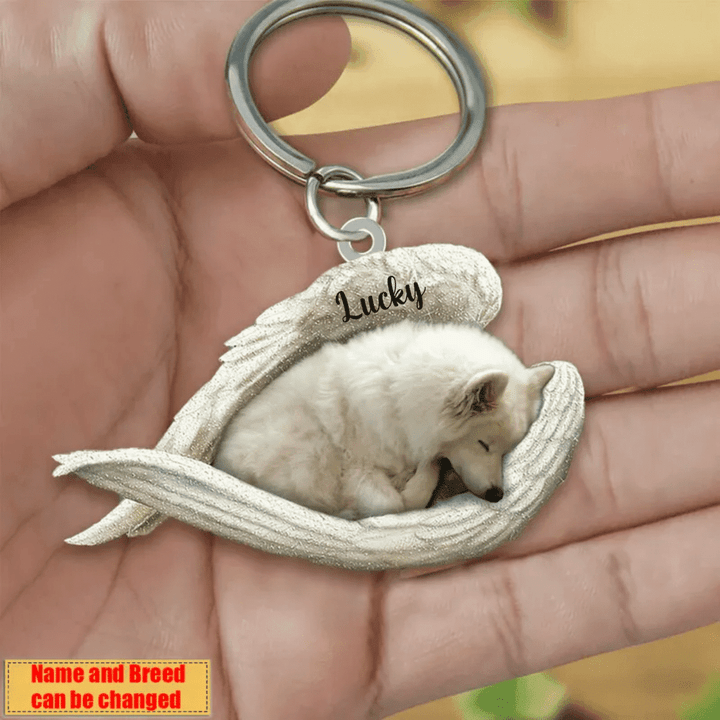 Personalized American Eskimo Angel 2D Keychain In The Wings Acrylic 2D Keychain Memorial Dog Gifts