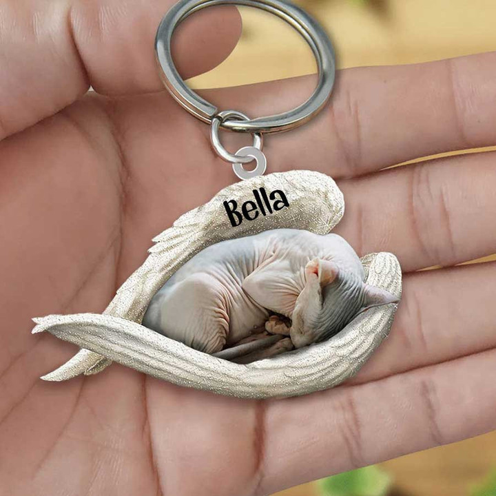 Sphynx Cat Sleeping in the Wing Angel Acrylic 2D Keychain Memorial Gift for Cat Lovers