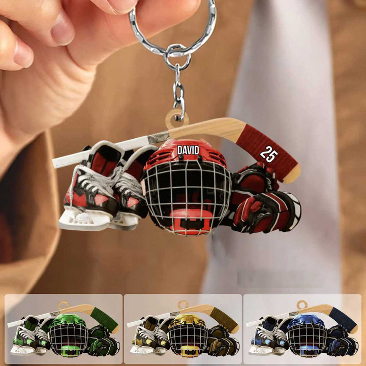 Personalized Hockey 2D Keychain, Hockey Skates Helmet And Stick Gift For Hockey Lover
