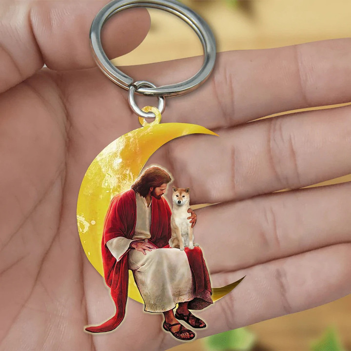 Shiba Inu With Jesus 2D Keychains Sitting On The Moon Flat Acrylic 2D Keychain