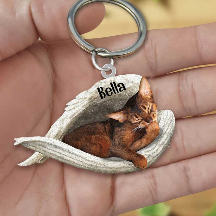 Abyssinian Cat Sleeping in the Wing Angel Acrylic 2D Keychain Memorial Gift for Cat Lovers