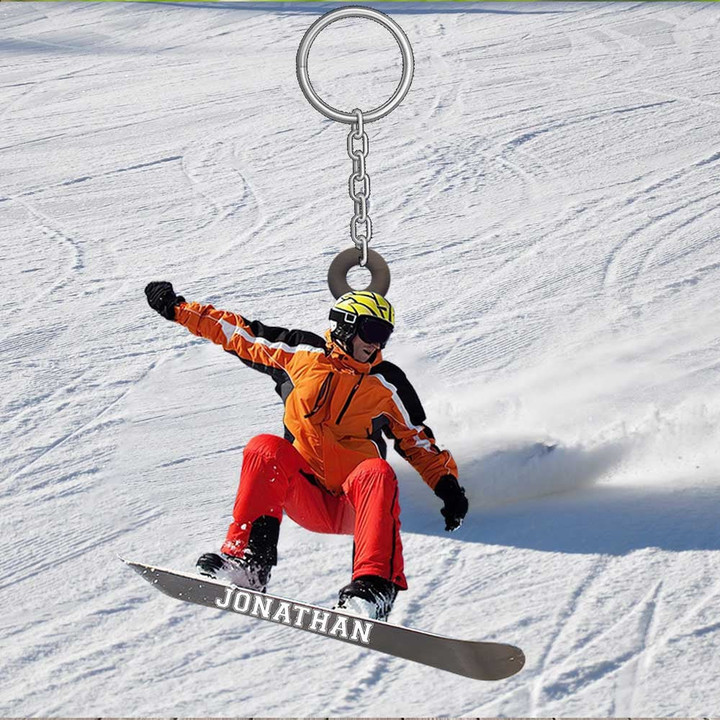 Personalized Snowboarding Man & Woman 2D Keychain, Custom Name Flat 2D Keychain 2 sides printed