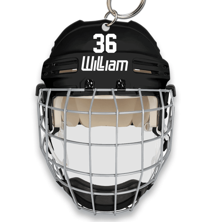 Personalized Ice Hockey Helmet With Cage 2D Keychain, Custom Name flat Acrylic 2D Keychain for Ice Hockey Lovers