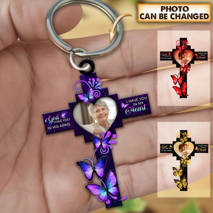Personalized God has you in his arms Memorial Gift Butterfly Cross 2D Keychain